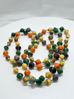 Vintage African Trade Beads Long Necklace, Citrus Colors, Green, Yellow, Orange